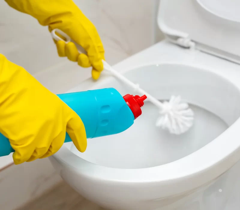 Person cleaning a toilet with bleach, highlighting the need for a toilet cleaner without bleach